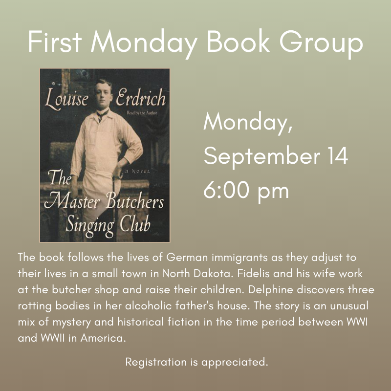 September 2026 First Monday Book Group flyer (800 x 800 px)